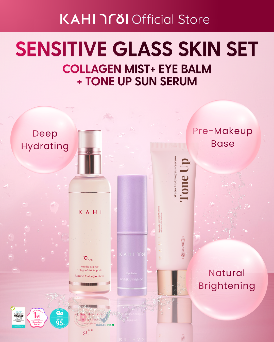 [Official] EXCLUSIVE BUNDLE SHOPIFY ONLY KAHI Sensitive Glass Skin Set - Collagen Mist + Eye Balm + Tone up Sun Serum
