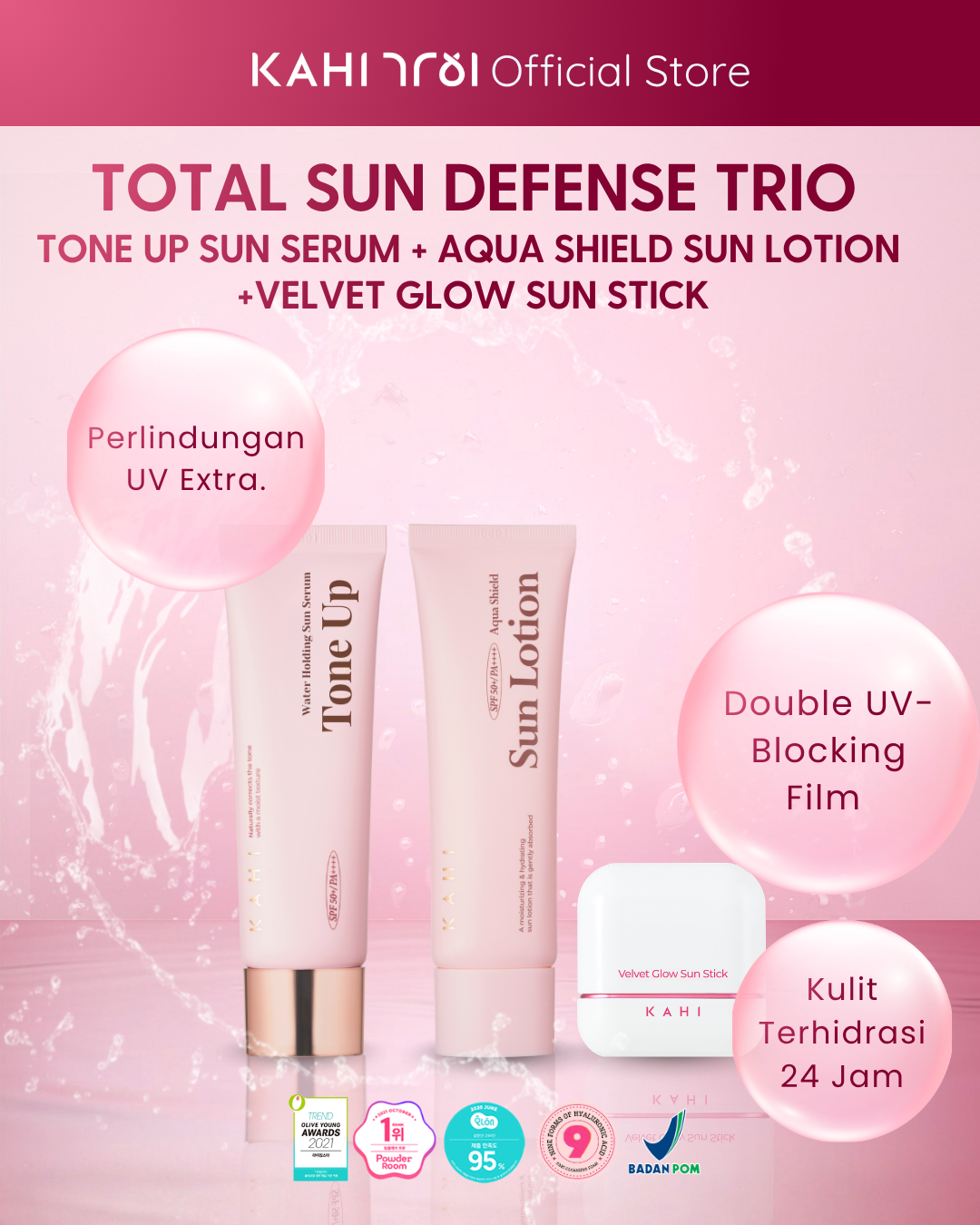 [Official] KAHI Total Sun Defense Trio Tone Up Sun Serum + Aqua Shield Sun Lotion + Velvet Glow