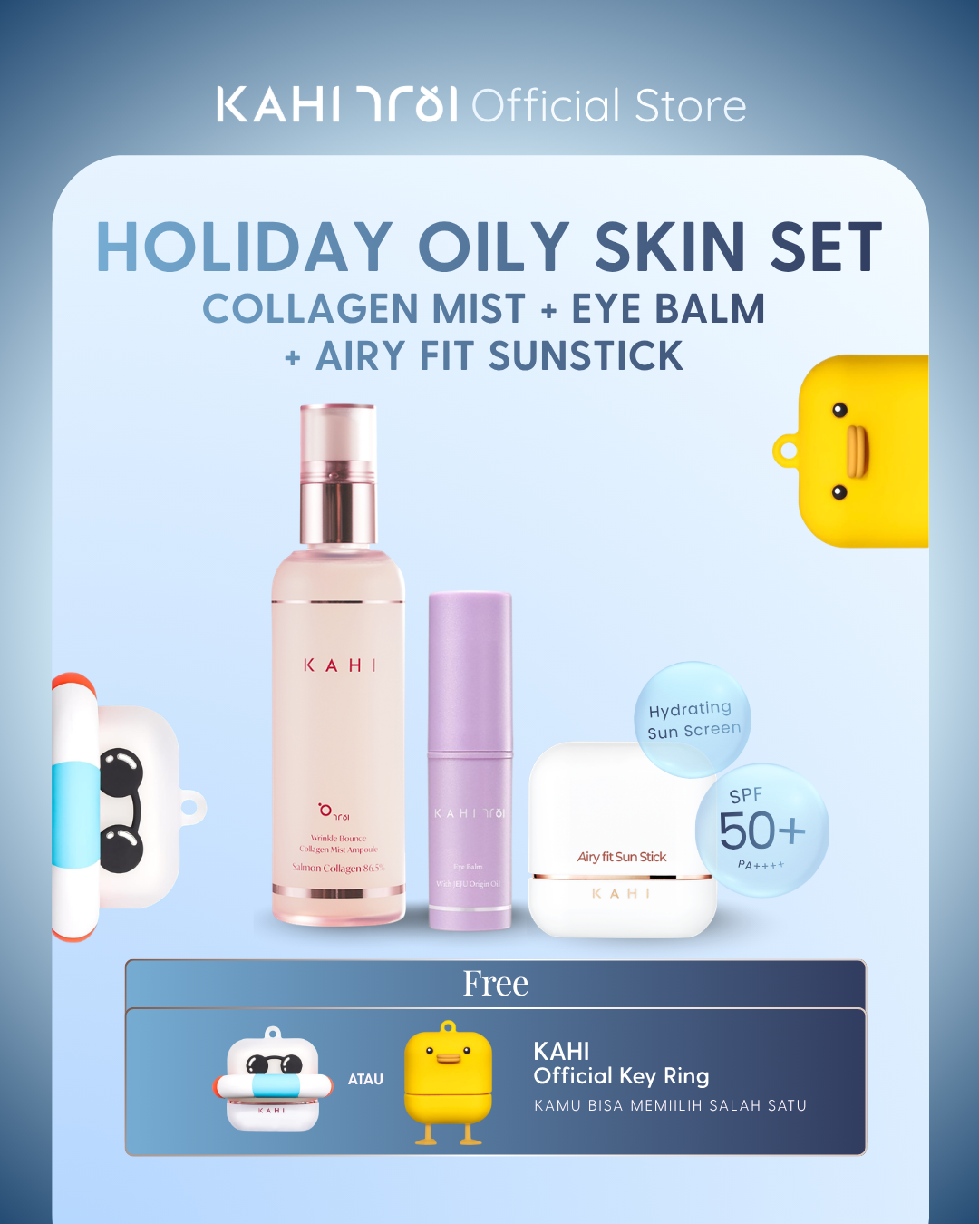 [Official] KAHI HOLIDAY OILY SKIN SET Collagen Mist + Eye Balm + Airy Fit Sunstick + FREE Key Ring